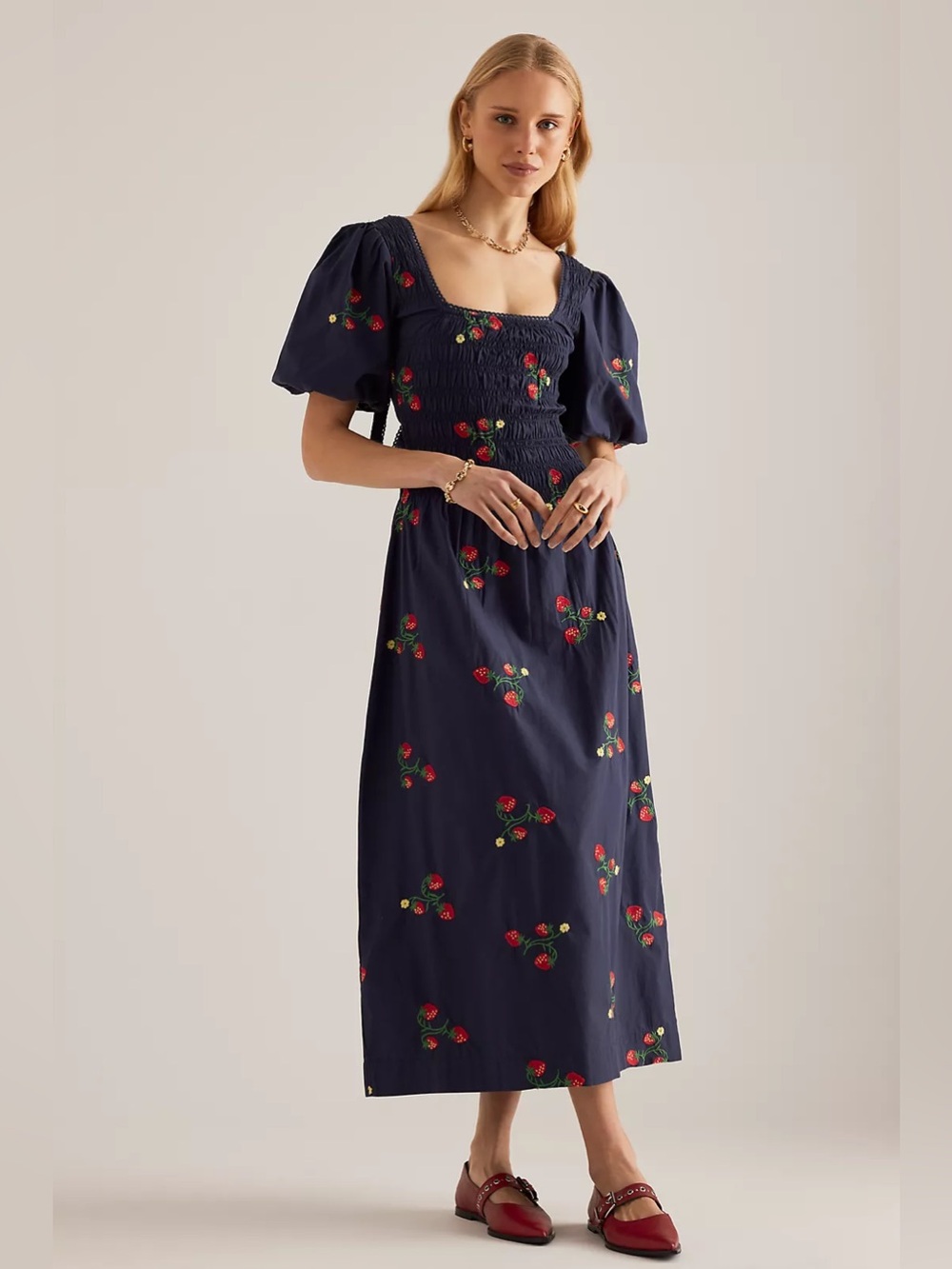 New Damson Madder Lauren strawberry embroidered puff sleeve midi dress in navy